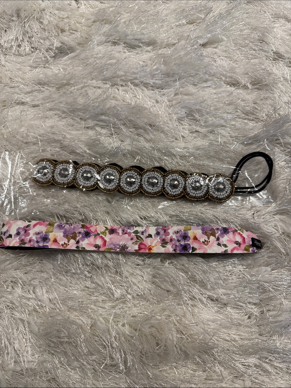 White and Gold Beaded Elastic Hair Tie - Decorative Women’s Accessory